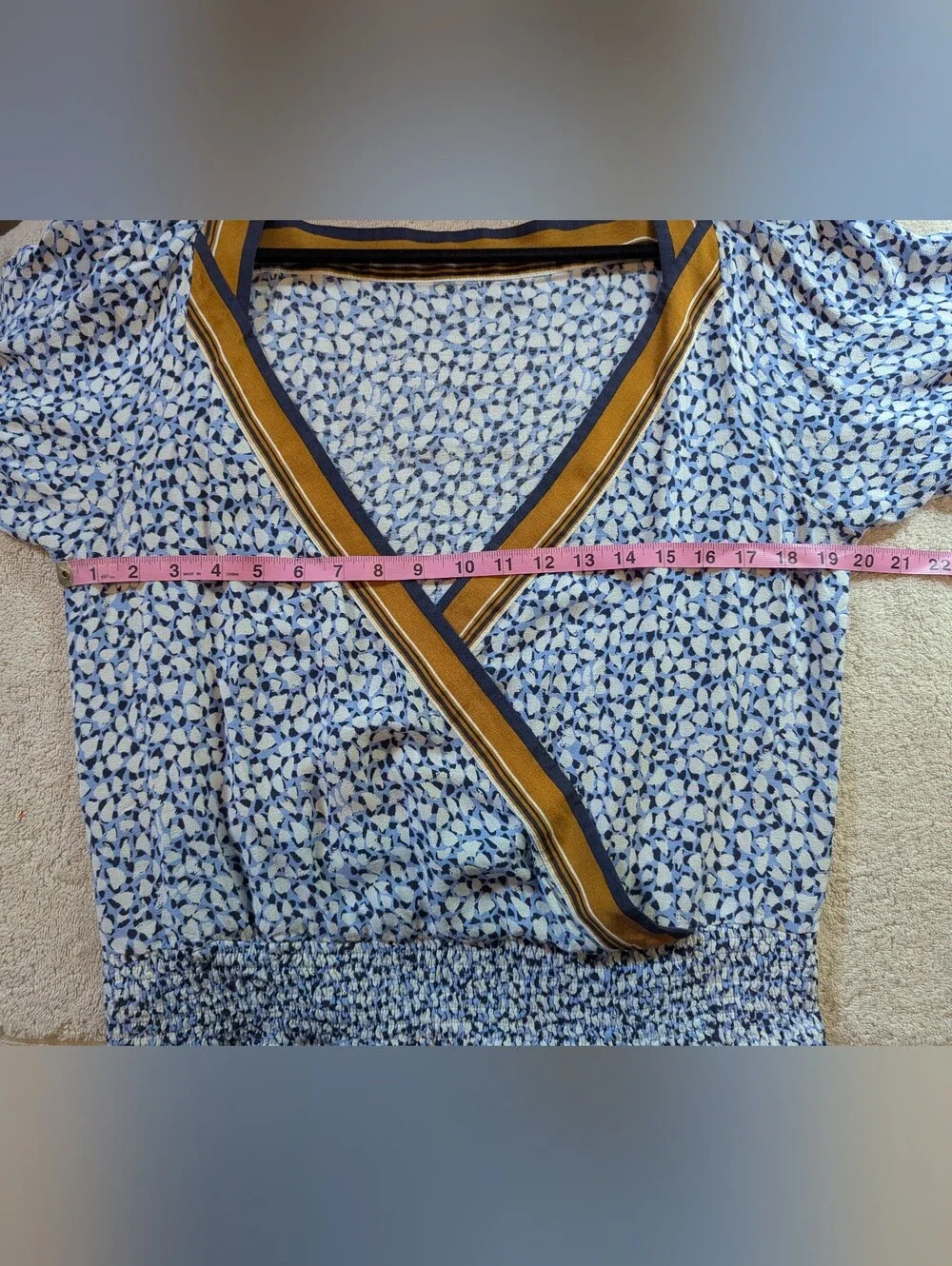 Anthropologie Blue White and Mustard Mixed-Print Puff-Sleeve Blouse